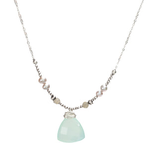 Sterling Silver Necklace with Chalcedony, Labradorite, and Grey Pearl