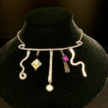 Load image into Gallery viewer, Whimsical Necklace with Abalone, Purple Jade, &amp; Fresh Water Pearl on Aluminum
