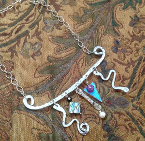 Whimsical Necklace with Abalone, Purple Jade, & Fresh Water Pearl on Aluminum
