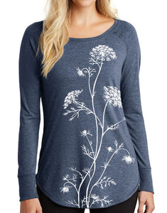 Hand-Printed: Queen Anne's Lace T-Shirt, White Print on Heather Navy